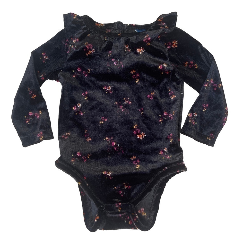 🟢 3/$15 Old Navy Velvet Ruffled Collar Floral-Print Bodysuit Baby 6-12 Months